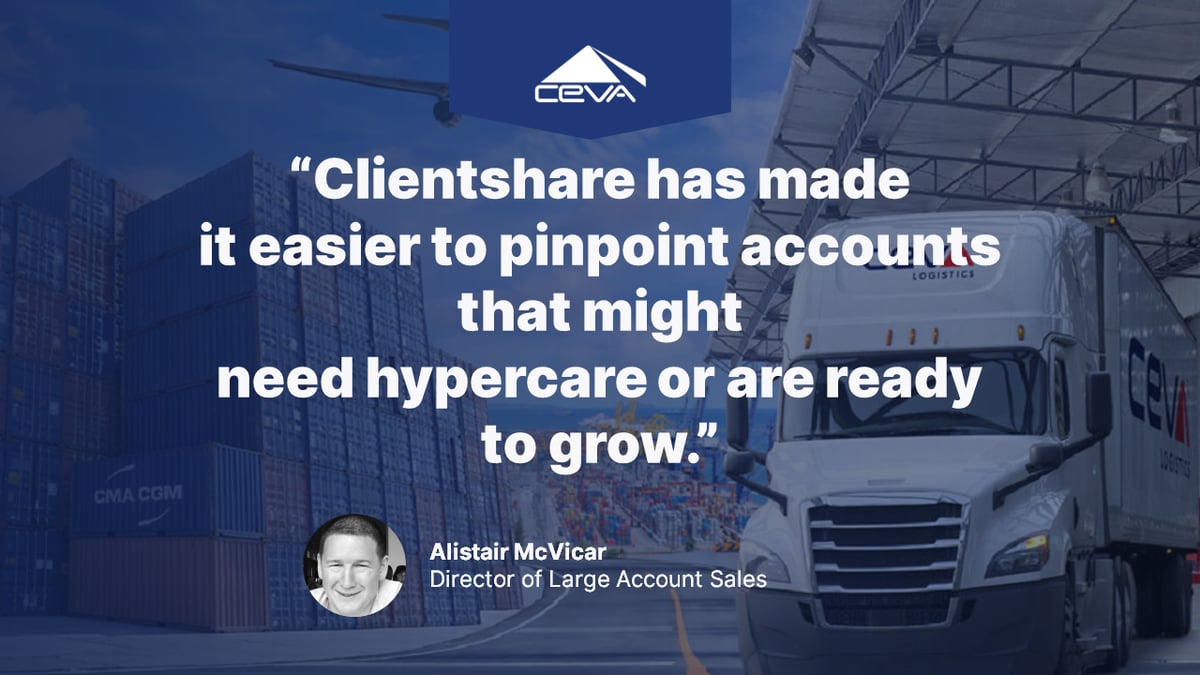 A quote from Alistair McVicar, Director of Large Account Sales at CEVA Logistics: Clientshare has made is easier to pinpoint accounts that need hypercare or are ready to grow.